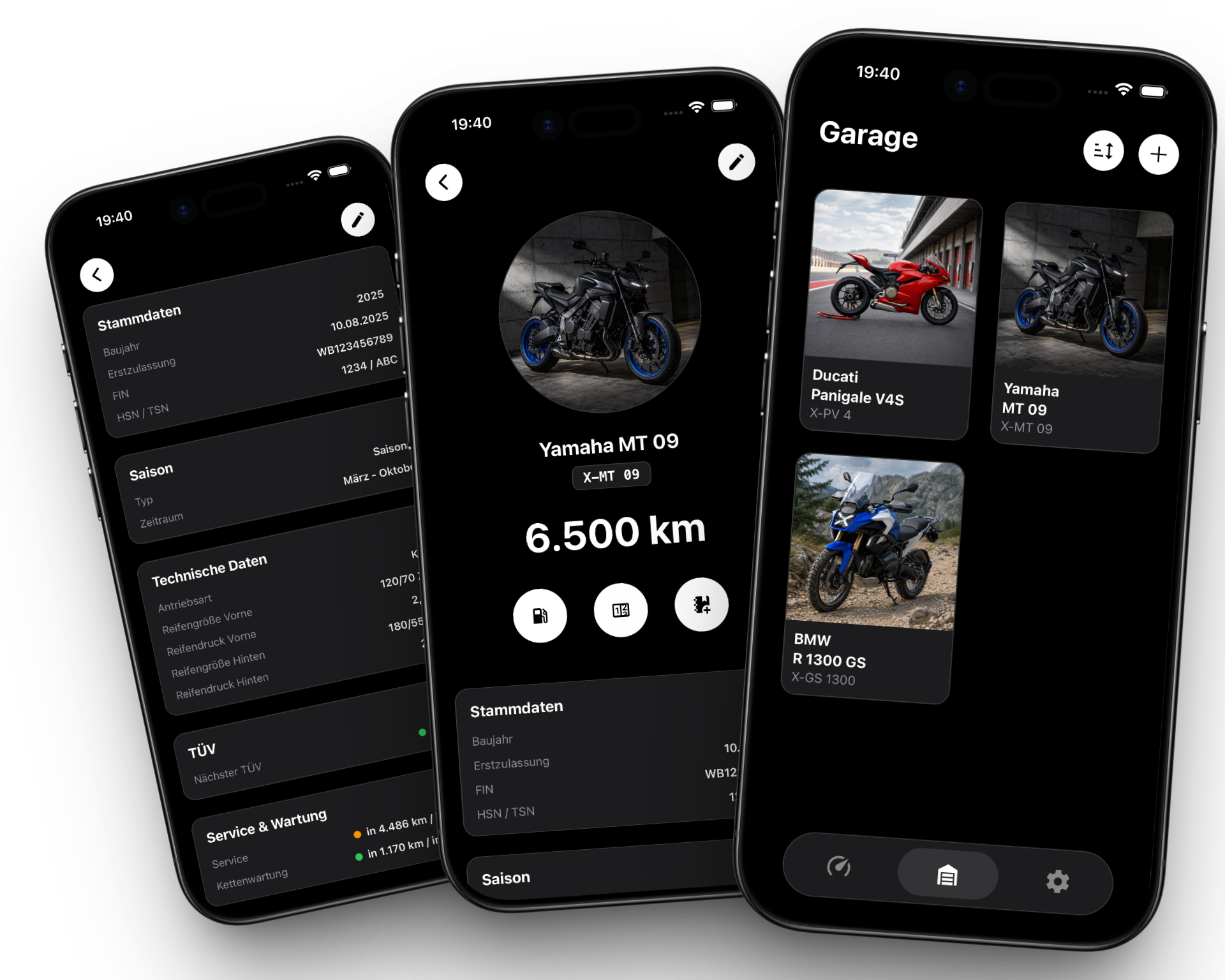 CheckMyMoto App - Die digitale Motorrad-Garage mit Stammdaten im Dark Mode